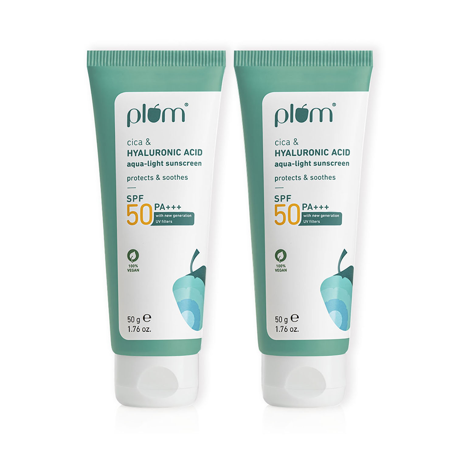 Plum | Plum Cica and Hyaluronic Acid Aqua-Light Sunscreen SPF 50 for All Skin Type (50 g) (Pack of 2) Combo