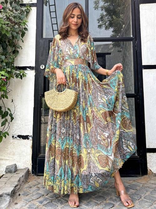 Blue & Yellow Printed Maxi Dress