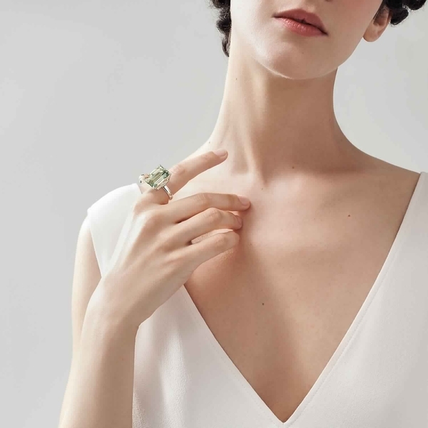 Green Quartz Ladybug Ring in Sterling Silver and 18k Rose Gold