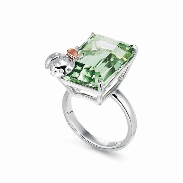 Green Quartz Ladybug Ring in Sterling Silver and 18k Rose Gold