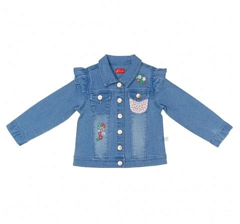 Girls Full Sleeve Denim Jacket Patchwork And Frill Details-Blue