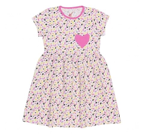 H by Hamleys Girls Short Sleeves Dress Candy Print with Heart Patch-White Multi