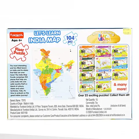 Funskool Floor Puzzle Lets Learn Indian Map, 104PCs, 6Y+, Multicolour