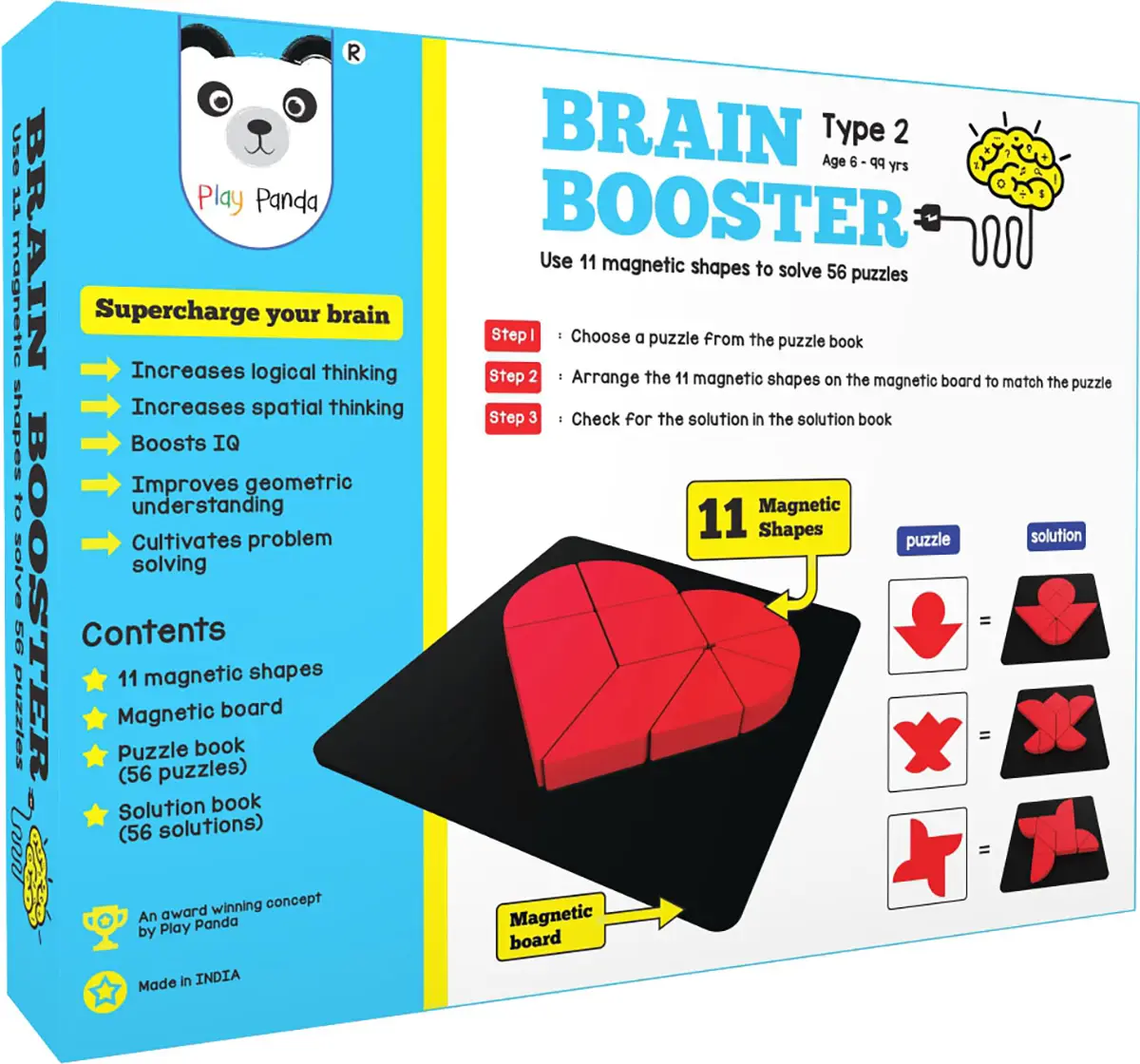 Play Panda Brain Booster Set 2 - 56 Puzzles Designed To Boost Intelligence - With Magnetic Shapes, Magnetic Board, Puzzle Book And Solution Book Puzzles for Kids Age 6Y+