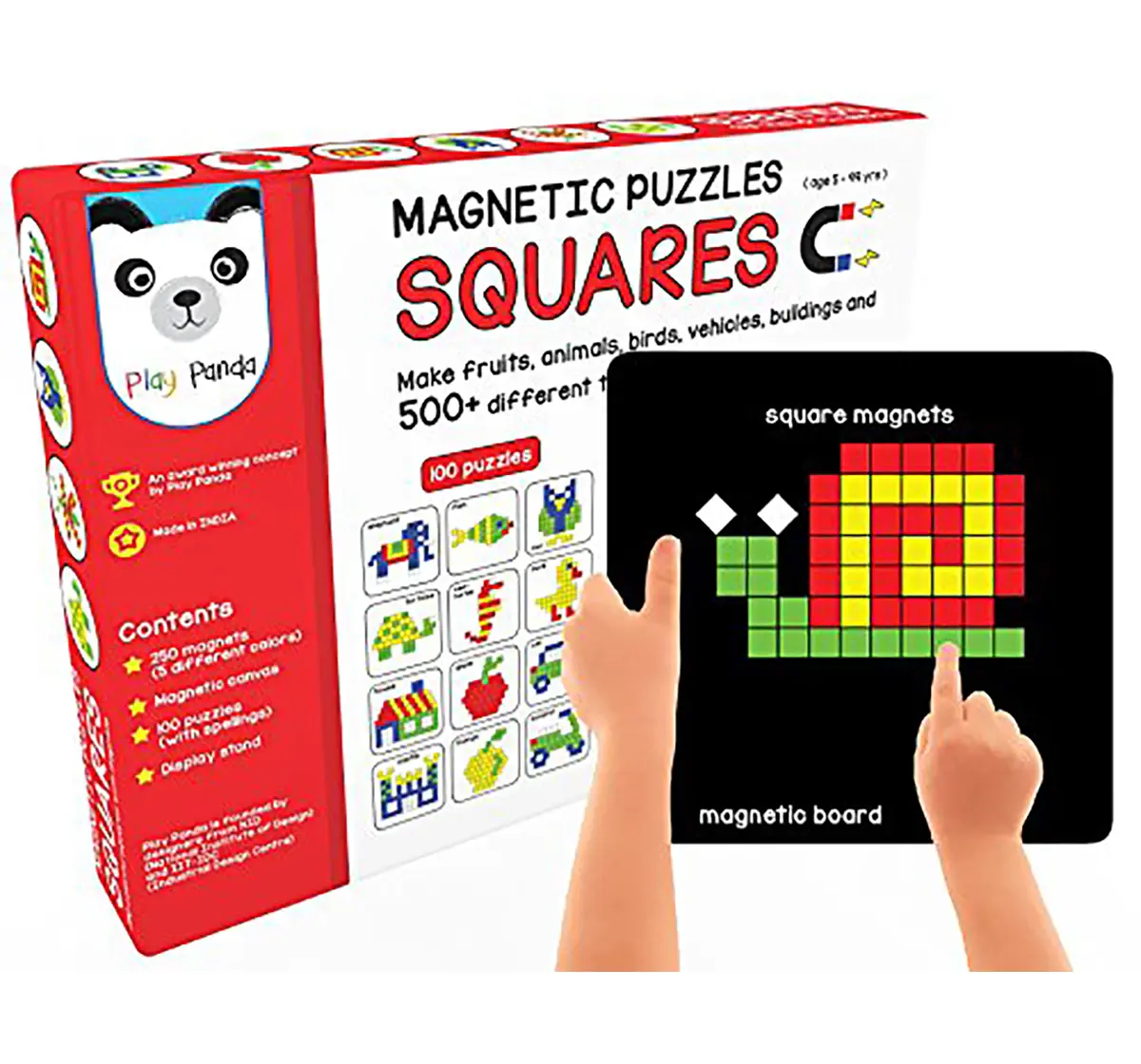 Play Panda Magnetic Puzzles : Squares With 250 Colorful Magnets, 100 Puzzle Book, Magnetic Board And Display Stand Puzzles for Kids Age 5Y+