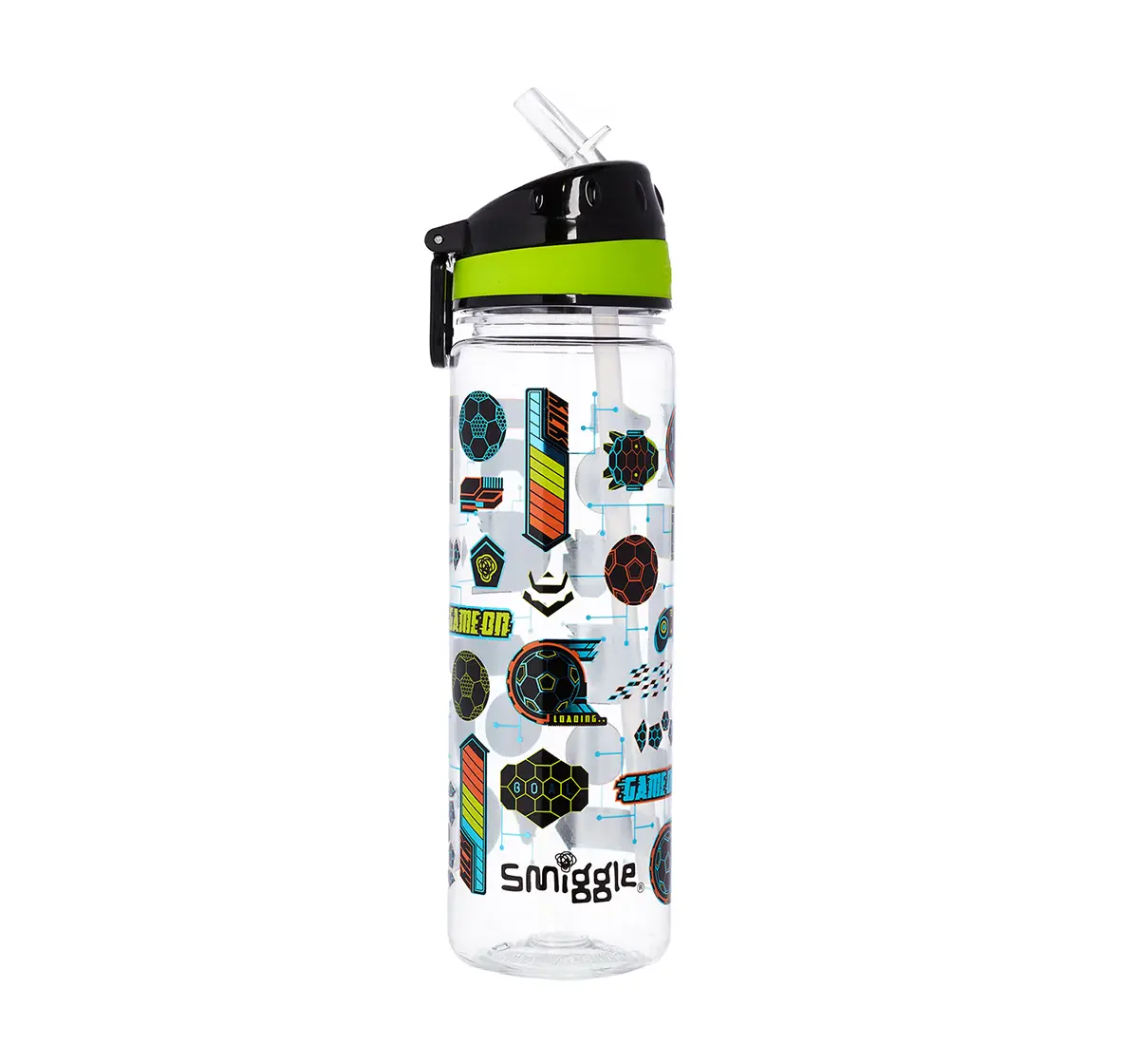 Smiggle Far Away Drink Bottle with Flip Top Spout - Football Print Bags for Kids age 3Y+ (Black)