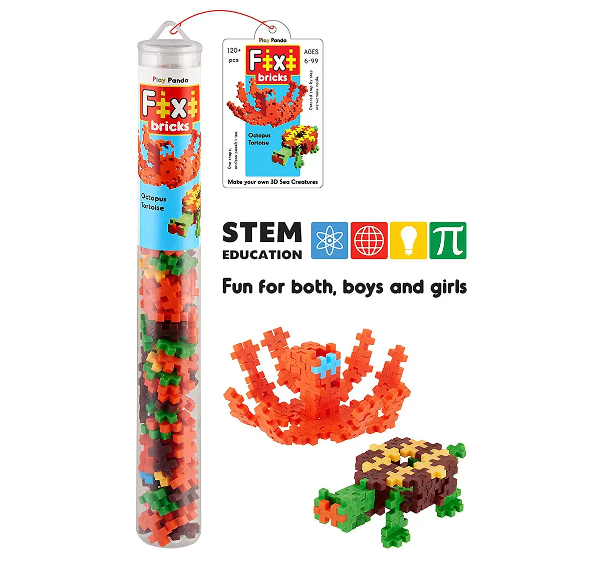 Play Panda Fixi Bricks Aqua Tube 2 Octopus And Tortoise With 120 Pcs, Detailed Assembly Instructions And Storage Tube Small Parts (Age 799 Yrs),  6Y+ (Multicolor)