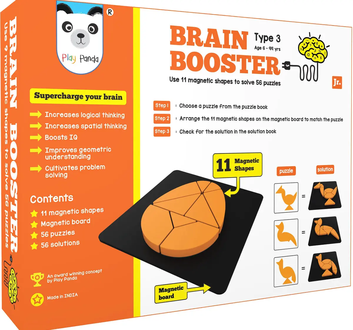 Play Panda Brain Booster Set 3 (Junior) - 56 Puzzles Designed To Boost Intelligence - With Magnetic Shapes, Magnetic Board, Puzzle Book And Solution Book Puzzles for Kids Age 6Y+
