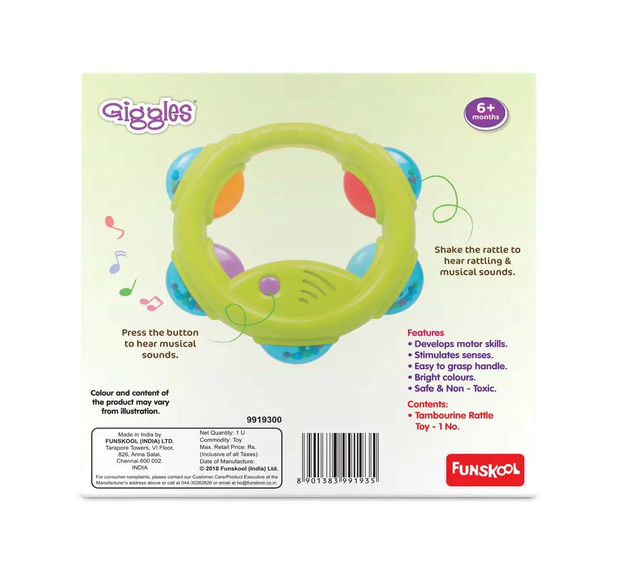 Giggles Tambourine Rattle New Born for Kids Age 3M+