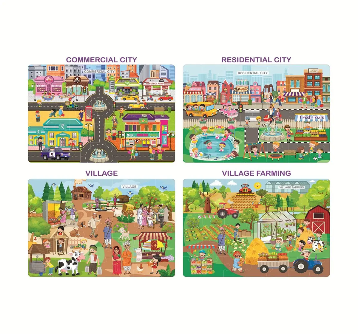 Ratna's 4 In 1 City & Village Life Puzzle, Jigsaw Puzzle, Multicolour, 4Y+