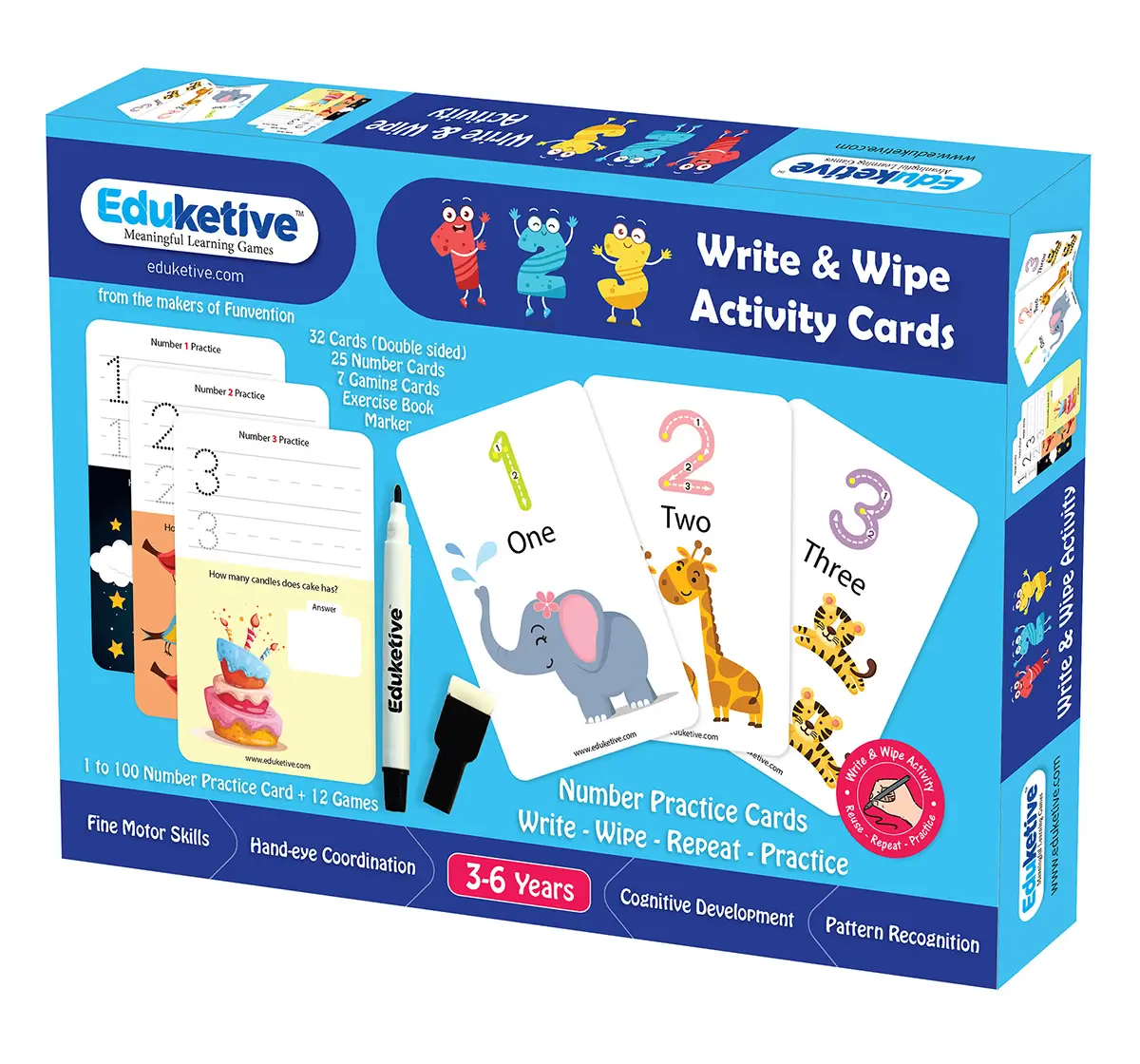 Eduketive 123 Numbers & Counting Write & Wipe Reusable Activity 3-6 yrs Writing Practice Preschool Learning Educational Game with Exercise Book