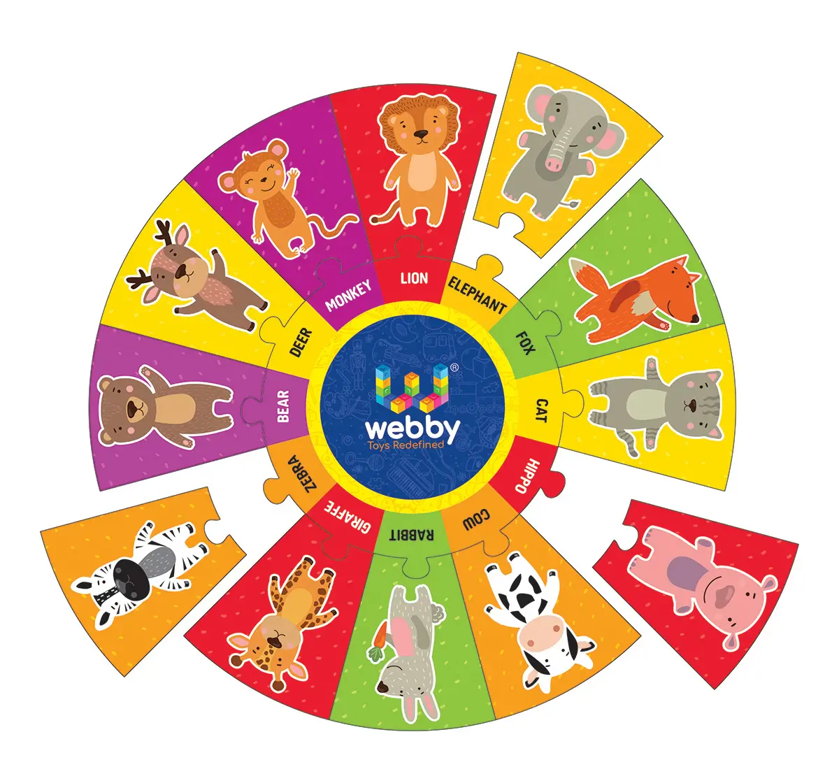 Webby Round Wooden Puzzle Animal 13pcs,  3Y+ (Multicolour)