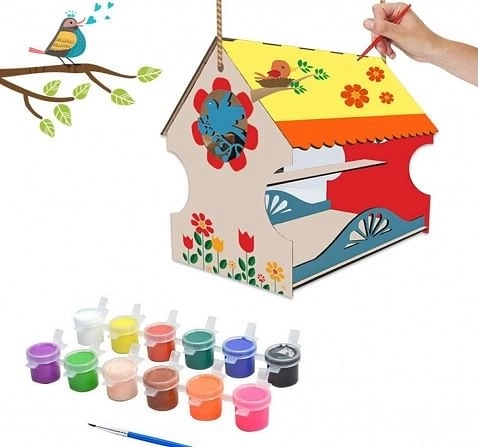 Webby DIY Wooden Build & Paint Hut Shaped Bird House for Kids Toy,  3Y+ (Multicolour)