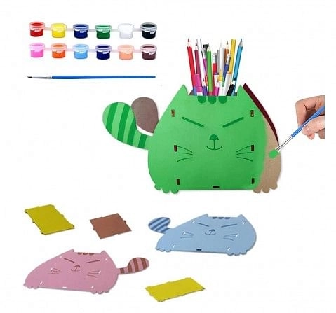 Webby DIY Build & Paint Wooden Cat Shaped Pen Stand Toy,  3Y+ (Multicolour)