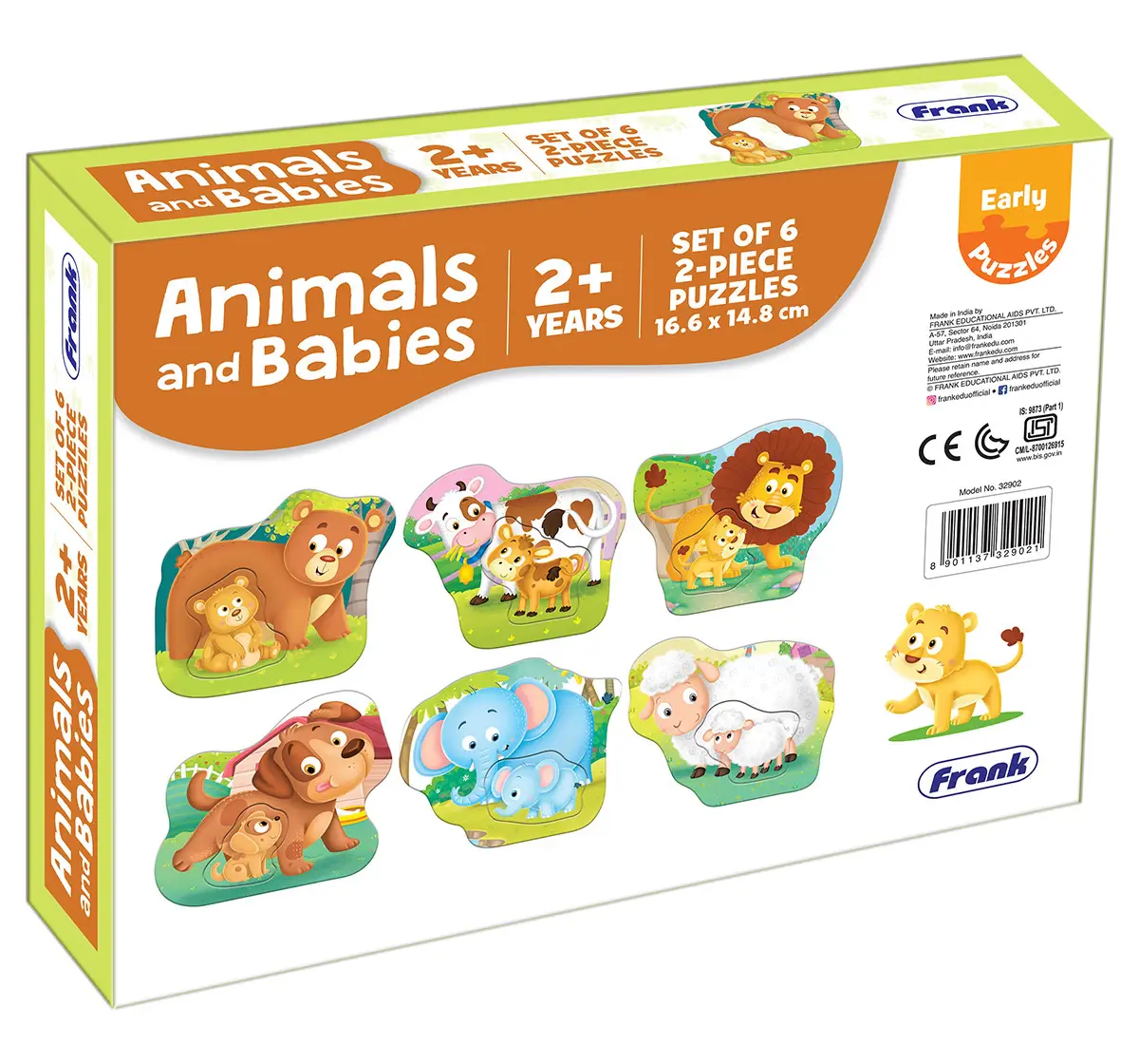 Frank Animals And Babies, A Set of 6 Puzzles, 2 Pieces each, 2Y+