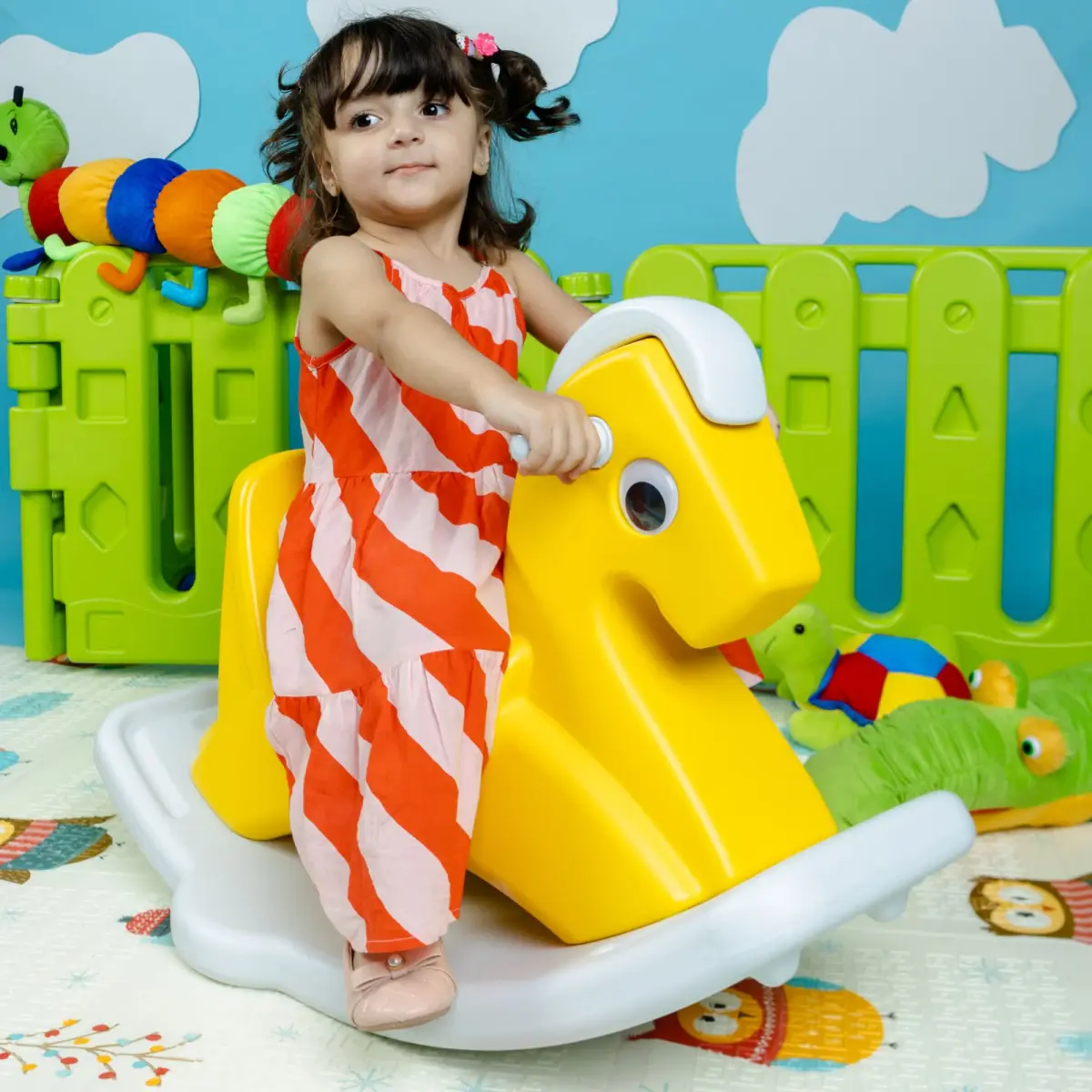 Zoozi  2 in 1 Ride On Rocking Horse for Toddlers and Babies, Comes with Wheels, Yellow, 12M+