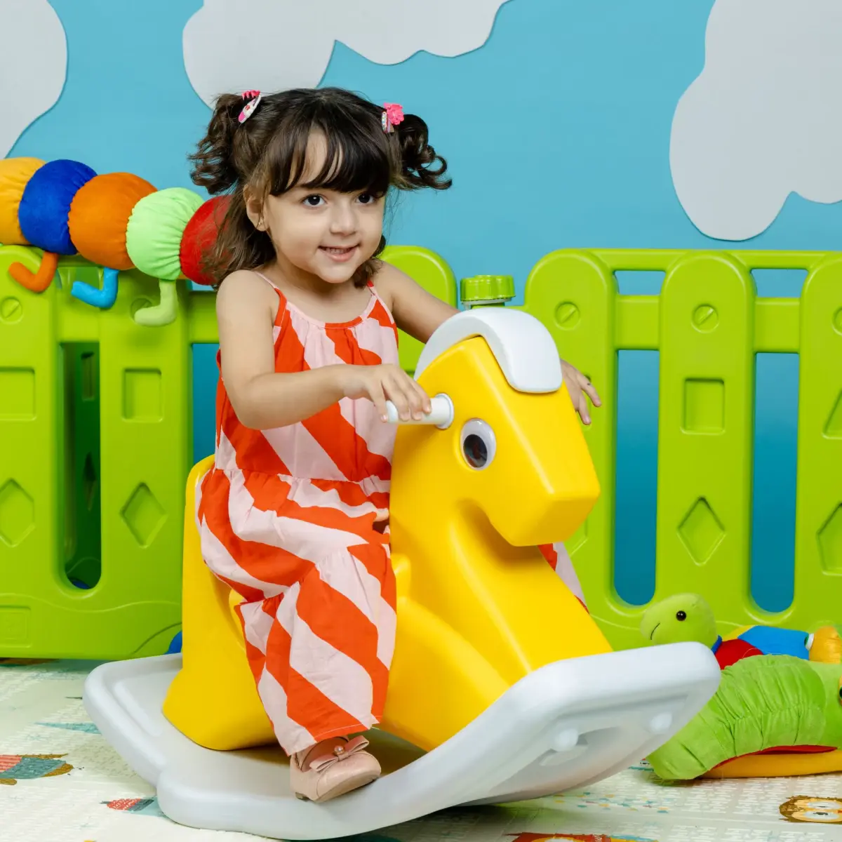 Zoozi  2 in 1 Ride On Rocking Horse for Toddlers and Babies, Comes with Wheels, Yellow, 12M+