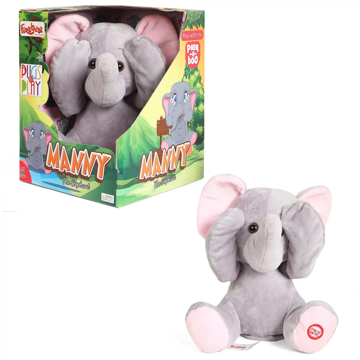 Fuzzbuzz Movers & Shakers Peek A Boo Manny Elephant, 3Y+, Grey