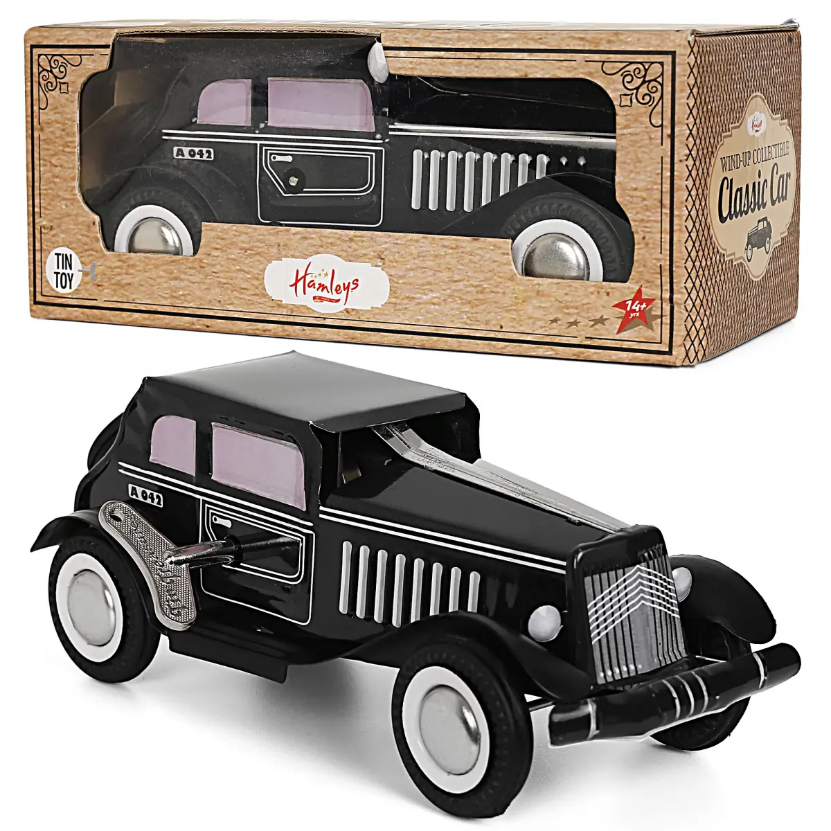 Hamley Classic Wind Up Retro Car, Tin Toy Racing Race Car, Collectible Clockwork Kids Wind Up Toys, Kids For 14Y+, Black