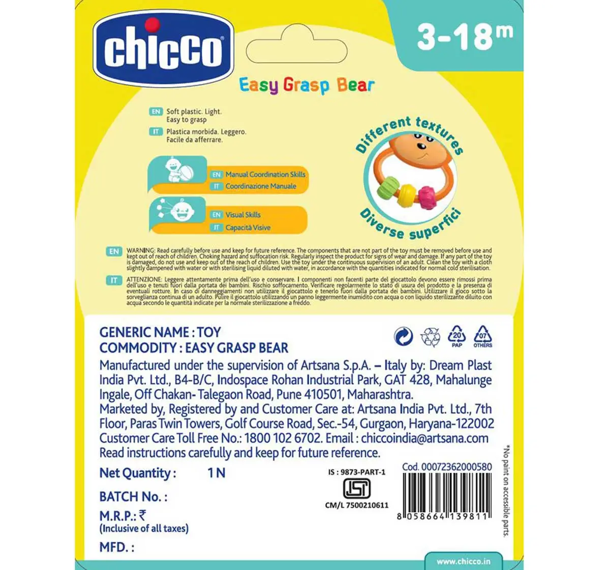 Chicco Easy Grasp Bear Rattle for Kids 3M+, Multicolour