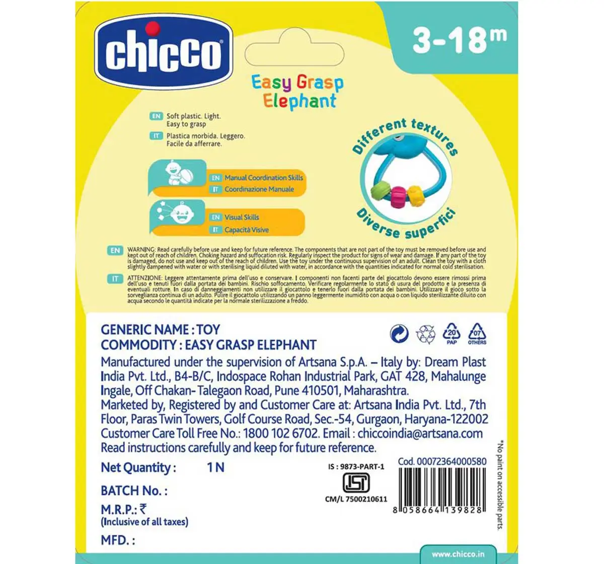 Chicco Easy Grasp Elephant Rattle for Kids 3M+, Multicolour
