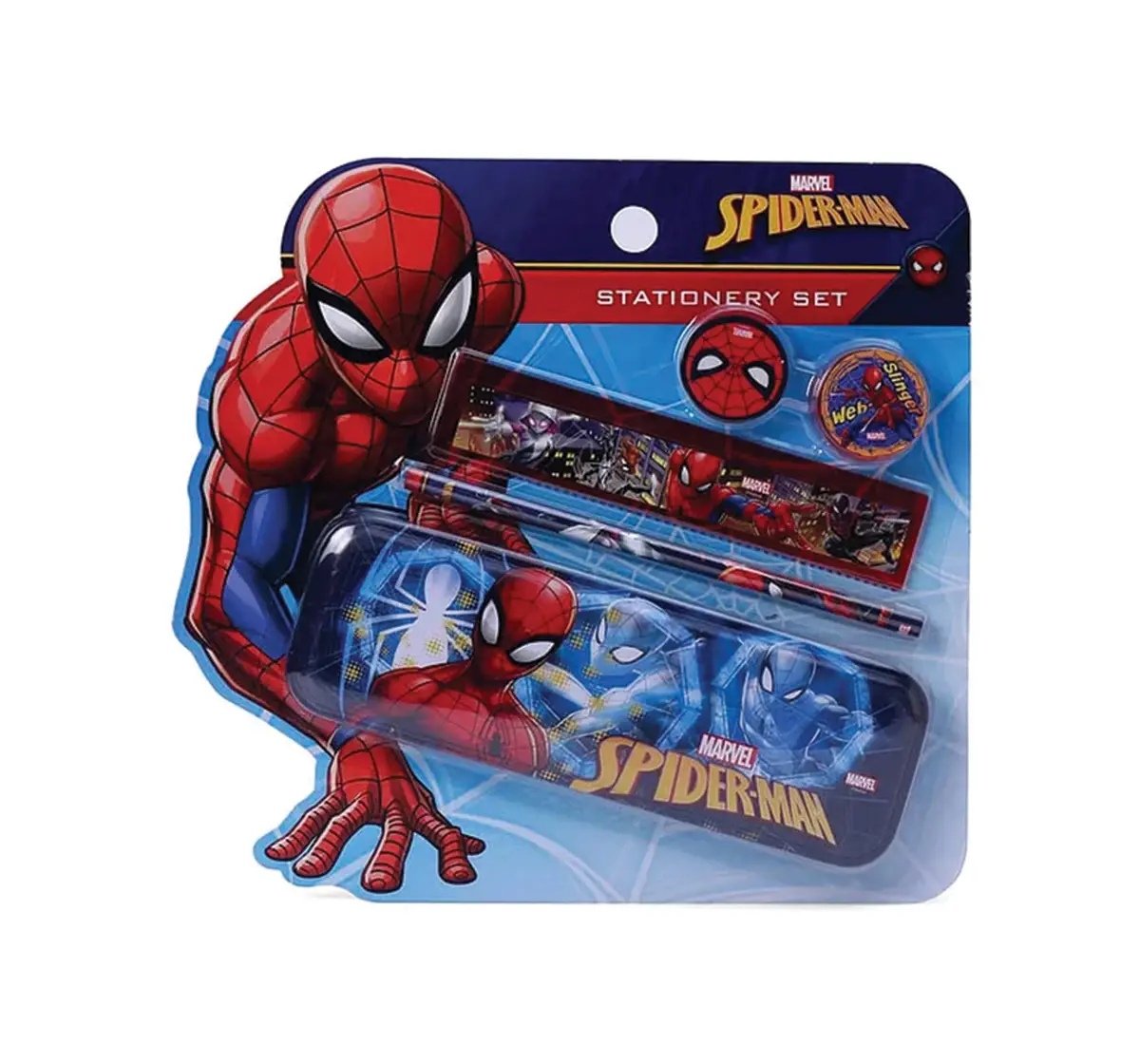 Striders Spider-Man 5-Pieces Stationery Set Ideal for School, Office and Home Use Includes Pencil, Eraser, Sharpener, Ruler and Notebook, 4Y+