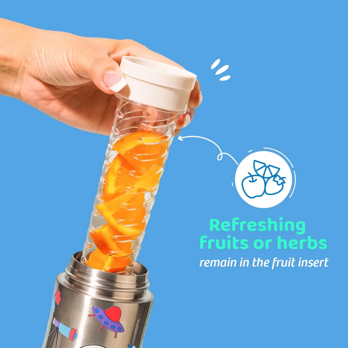Rabitat Nutrilock Insulated Stainless Steel Bottle with Infuser Mad Eye 550 ml For Kids of Age 5Y+, Multicolour