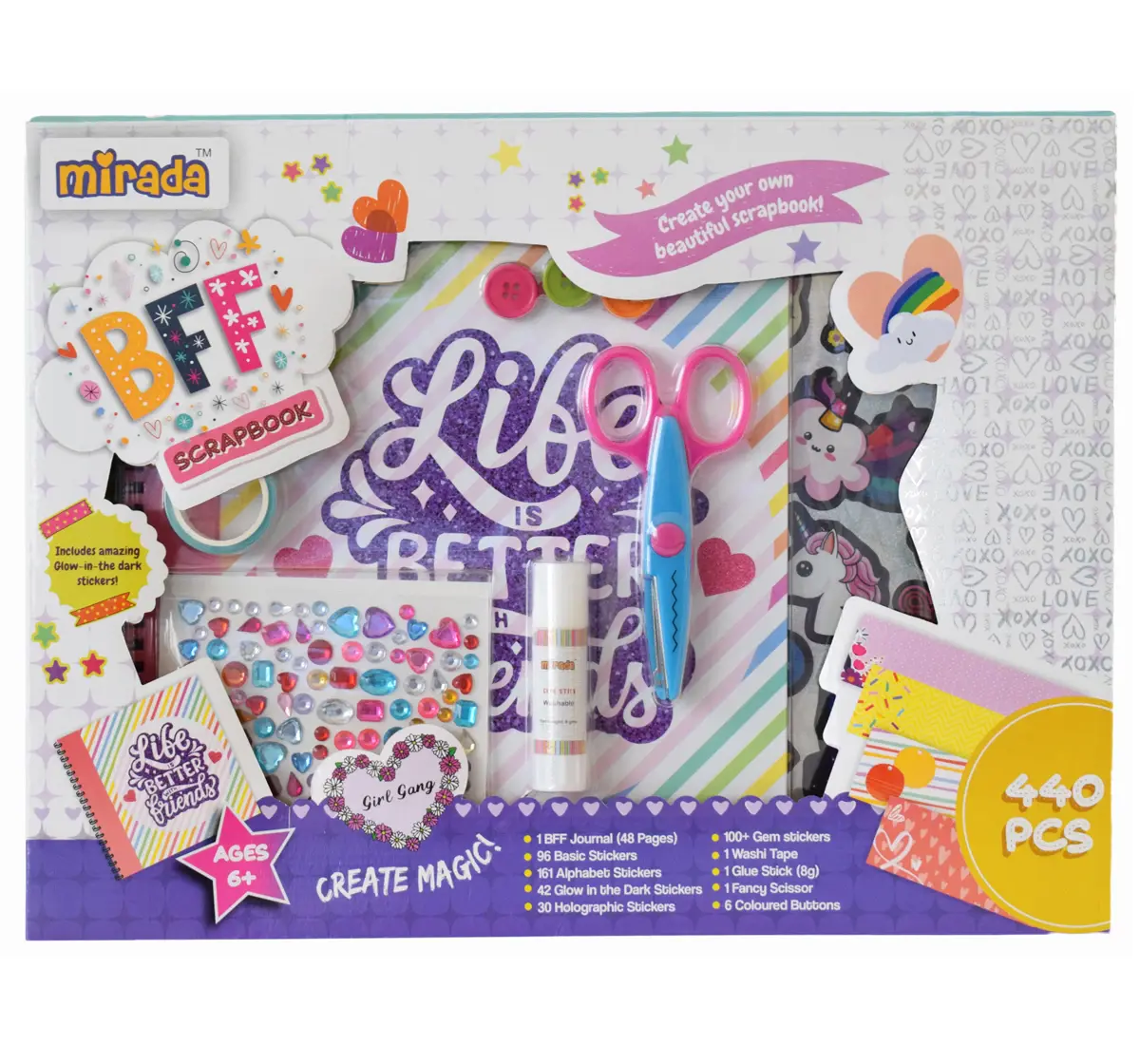 Create Your Own Scrapbook/BFF Diary by Mirada, Includes 440 Pcs & Glow In The Dark Stickers, Multicolour, 3 Years+