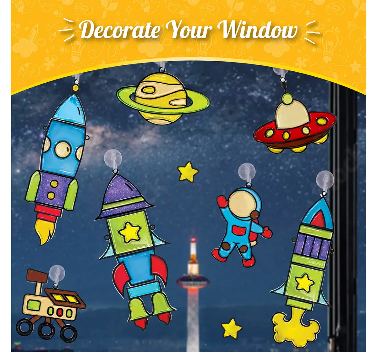 Imagimake Window Art Rocket Glass Painting Craft set for kids 5Y+, Multicolour