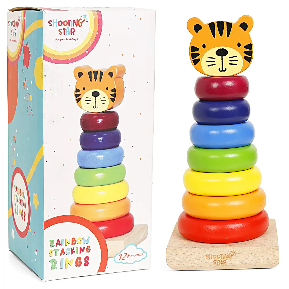 Shooting Star Wooden Rainbow Stacking Rings, Sorting, Stacking and Plugging, Stacker Building Educational Learning Toy, Kids for 12M+, Multicolour