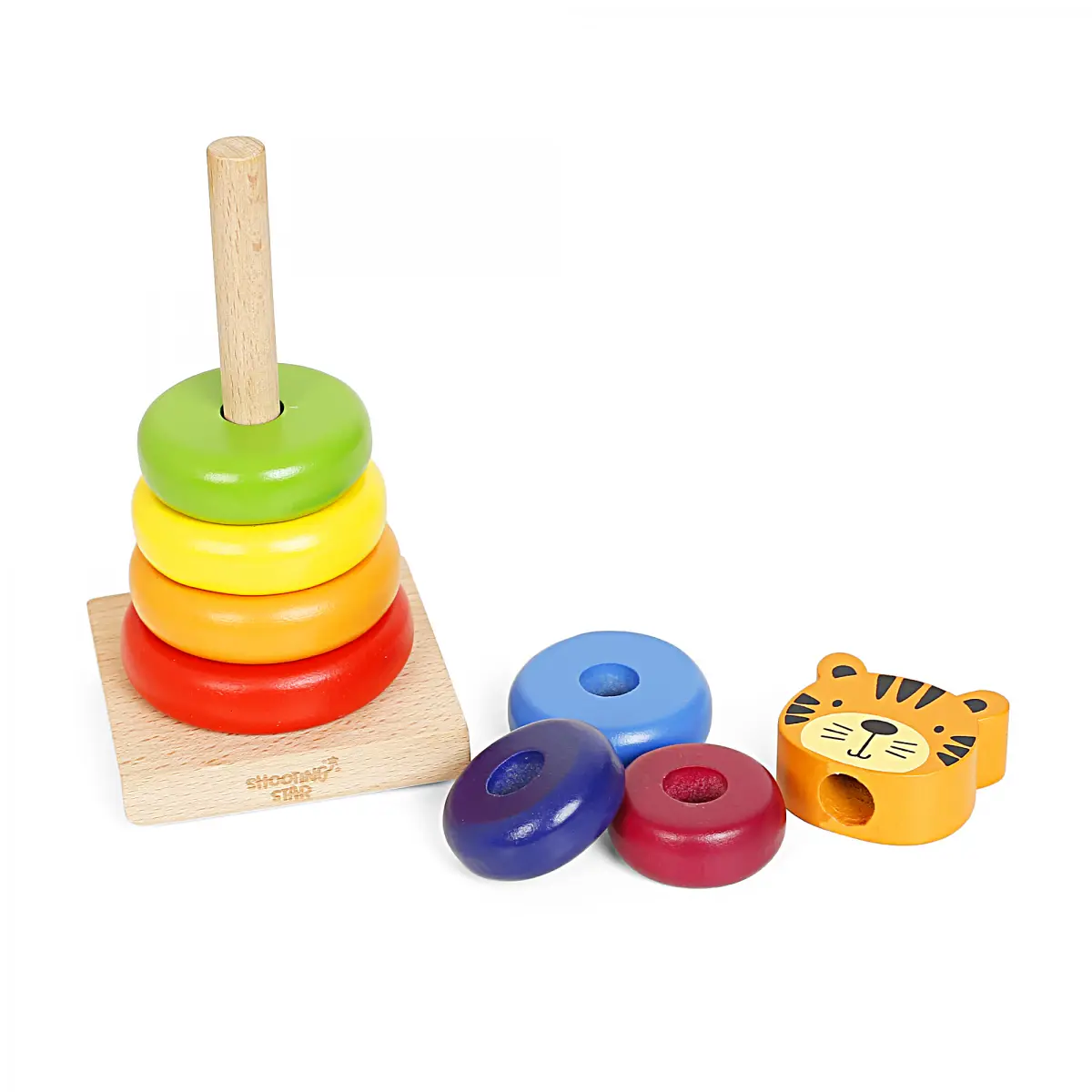 Shooting Star Wooden Rainbow Stacking Rings, Sorting, Stacking and Plugging, Stacker Building Educational Learning Toy, Kids for 12M+, Multicolour