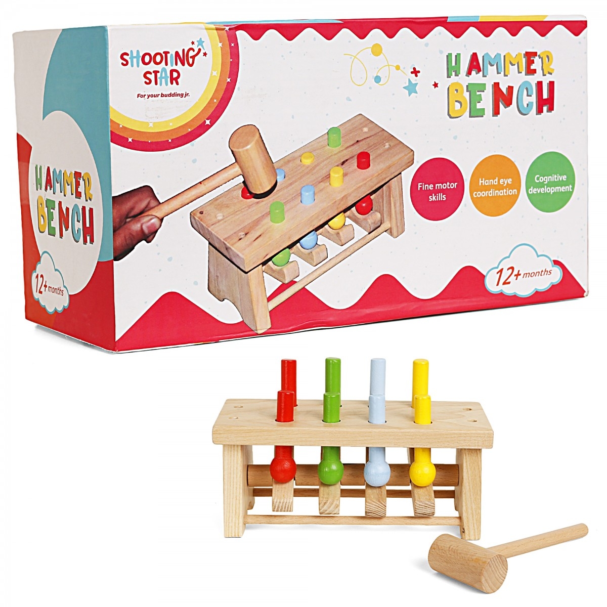 Shooting Star Wooden Hammer Bench Peg Toy for Kids Pounding Bench
