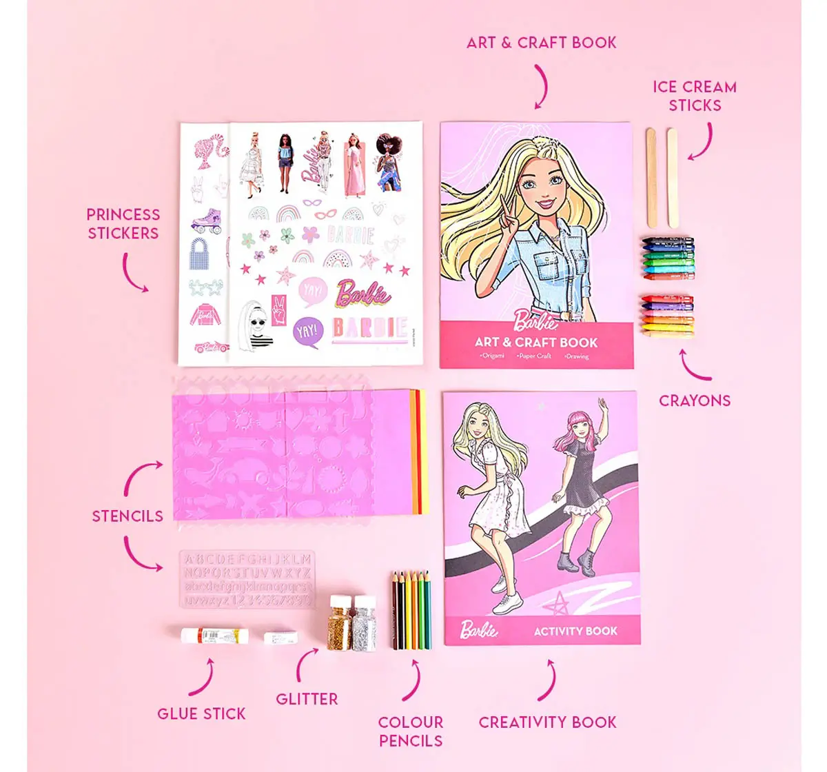 Barbie Creative Activity Kit,  Multiple Activity Barbie themed DIY Craft Kit, Includes drawing, colouring, art and craft, sticker-based activities, Kids for 5Y+, Multicolour