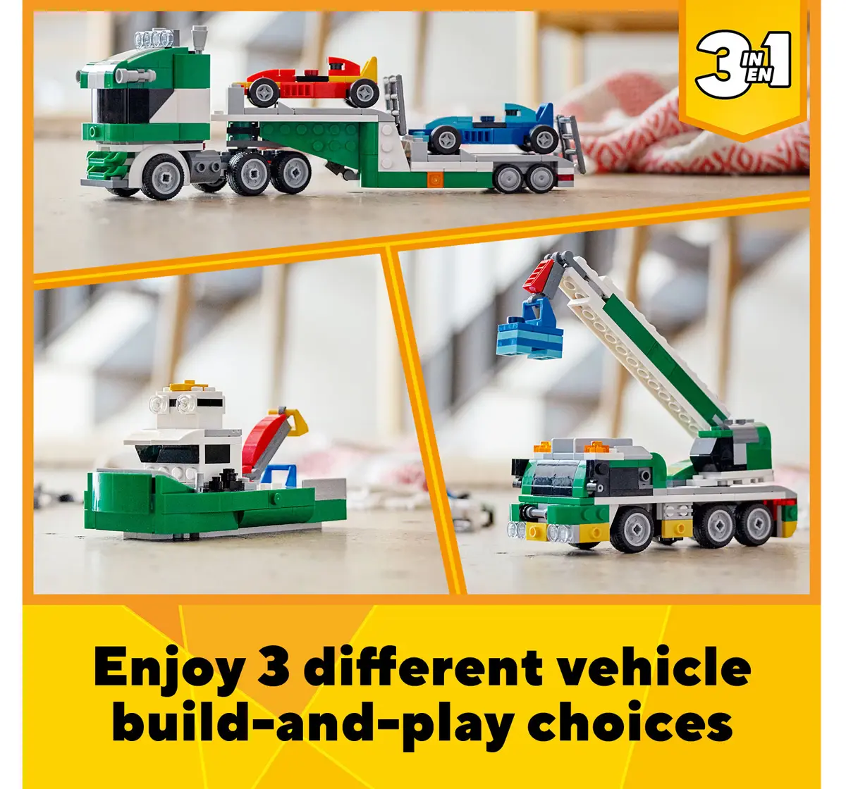 Lego Creator 3in1 Race Car Transporter Building Kit  Makes a Great Gift for Kids Who Love Fun Toys and Creative Building, (328 Pieces)