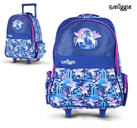 Smiggle Kids Backpack Trolley with Motion Activated Light Up Wheels, Extendable Handle & Multiple Compartments - Blue, 3Y+