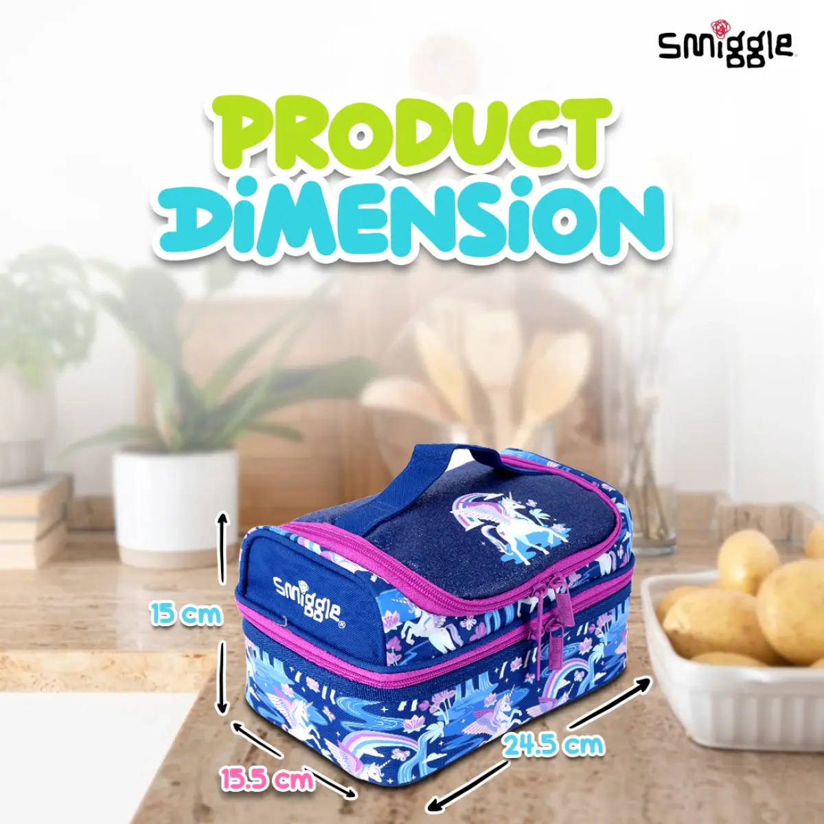 Smiggle Away Double Decker Lunch Bag for Kids, Navy Blue, 3Y+