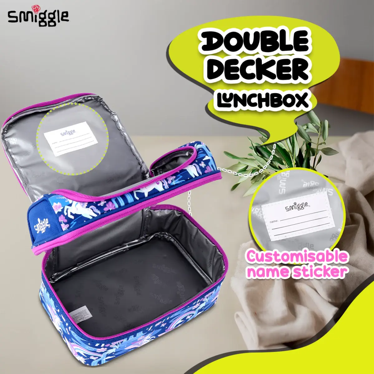 Smiggle Away Double Decker Lunch Bag for Kids, Navy Blue, 3Y+