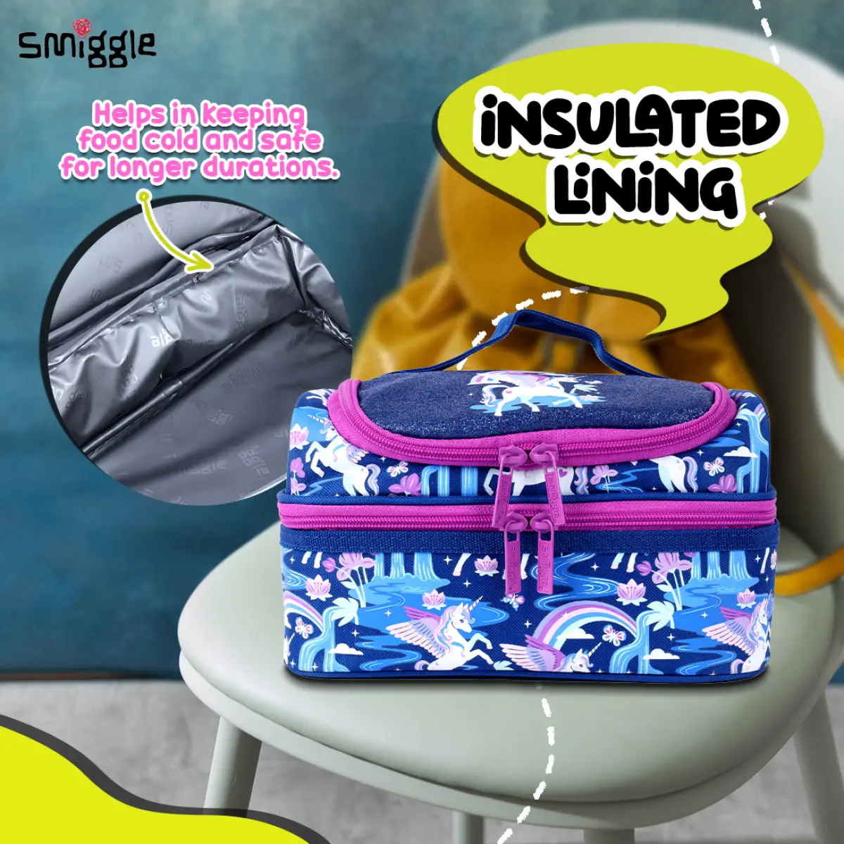 Smiggle Away Double Decker Lunch Bag for Kids, Navy Blue, 3Y+