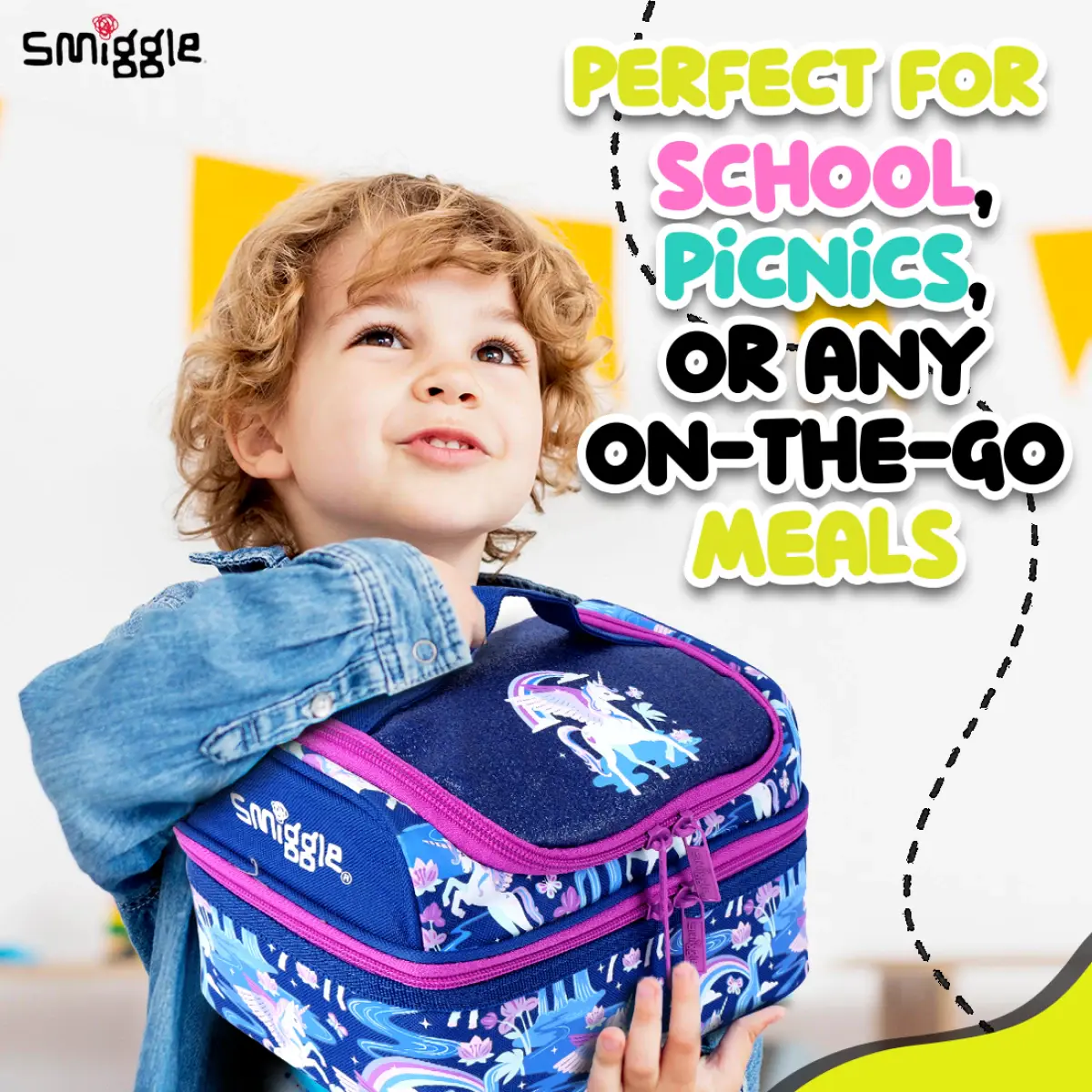 Smiggle Away Double Decker Lunch Bag for Kids, Navy Blue, 3Y+