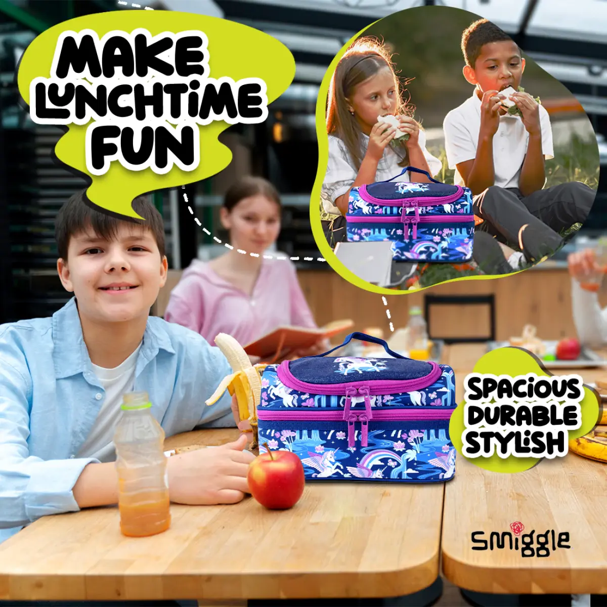 Smiggle Away Double Decker Lunch Bag for Kids, Navy Blue, 3Y+