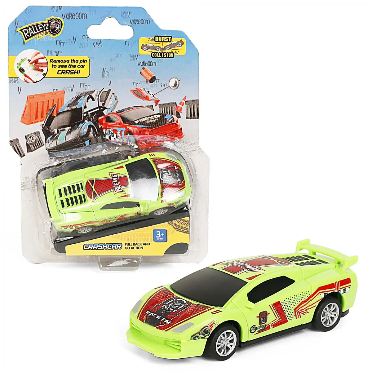 Ralleyz Pull Back Crash Car, 2 Modes Racing Stunt Vehicle Toy, Crash Car, Racing Toy, Friction High Speed Car, Kids for 3Y+, Green