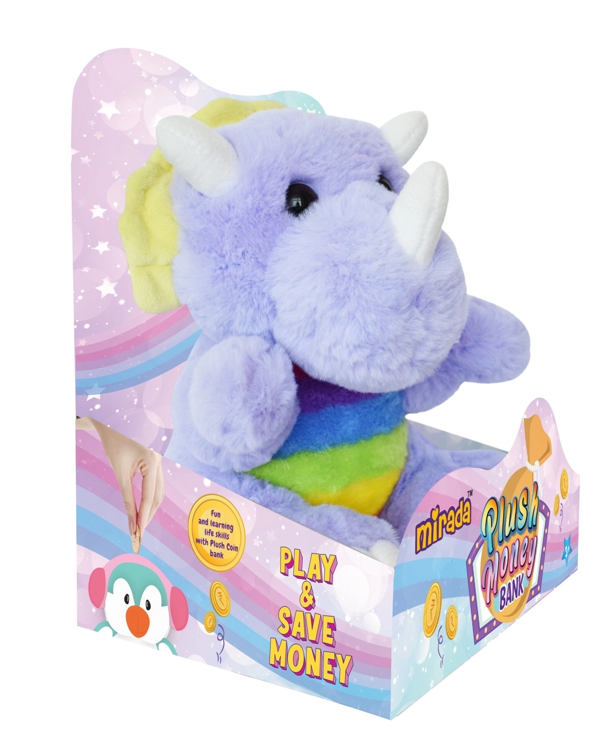 Mirada 25Cm Coin Bank Dinosaur Soft Toy Purple, Soft Toys For Kids, 3Y+