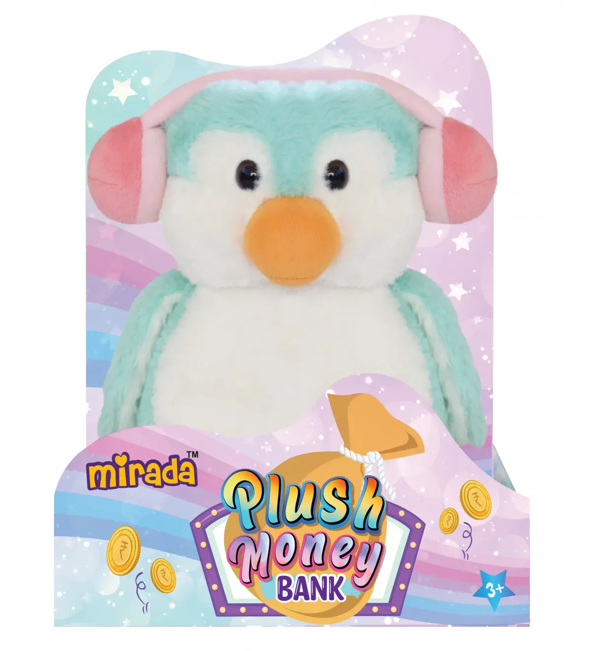 Mirada 25Cm Coin Bank Penguin Soft Toy Turquoise, Soft Toys For Kids, 3Y+