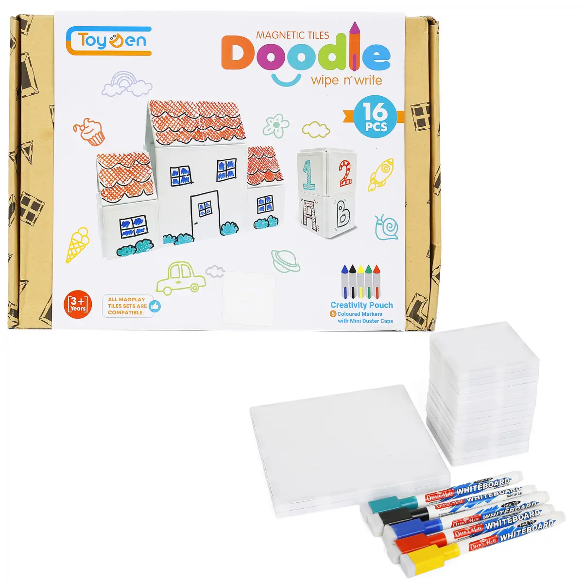 ToyDen Doodle Magnetic Tiles, 16 Pieces