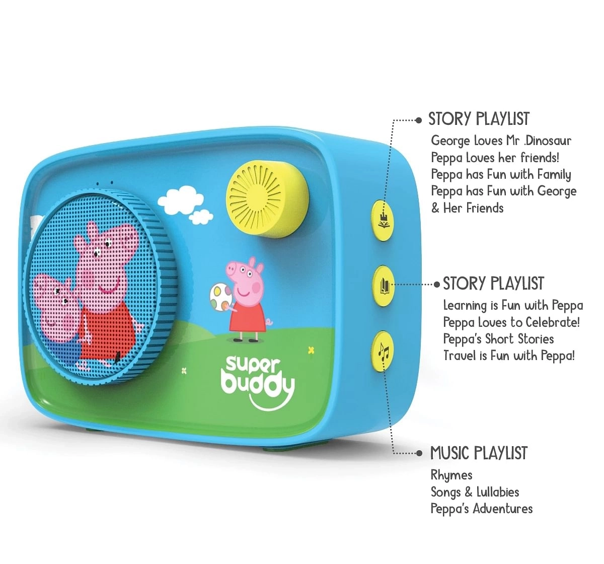 Super Buddy Curio Peppa Pig S11 Speaker with 450+ Stories, Rhymes & Songs with Voice Recording, Bluetooth 5.0 & up to 20+ hrs of Playtime