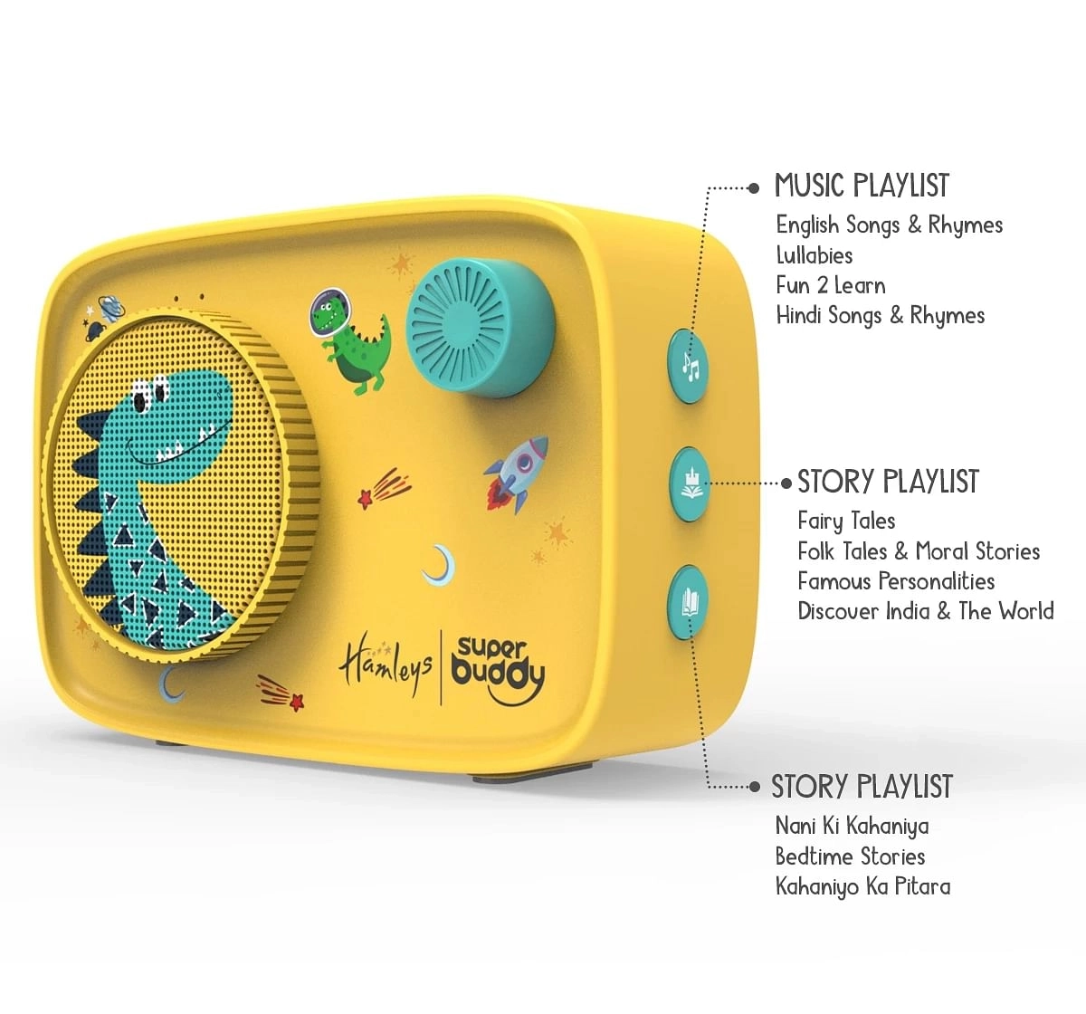 Hamleys Super Buddy Curio Dino S11 Speaker with 900+ Stories, Rhymes & Songs with Voice Recording, Bluetooth 5.0 & up to 20+ hrs of Playtime