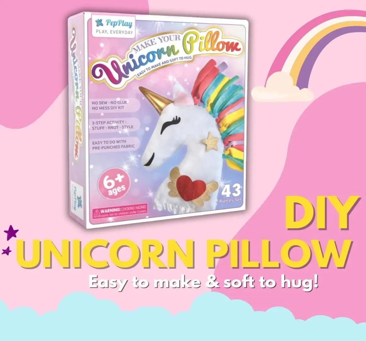 PepPlay Make Your Unicorn Pillow DIY Crafts Kit For Kids of Age 6Y+, Multicolour