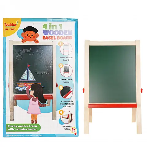 Youreka 4 in 1 Wooden Easel Board , White Marker Board, Green Chalk Board, 2 removable trays for chalks and pens, paper roll holder, Kids for 3Y+, Multicolour 