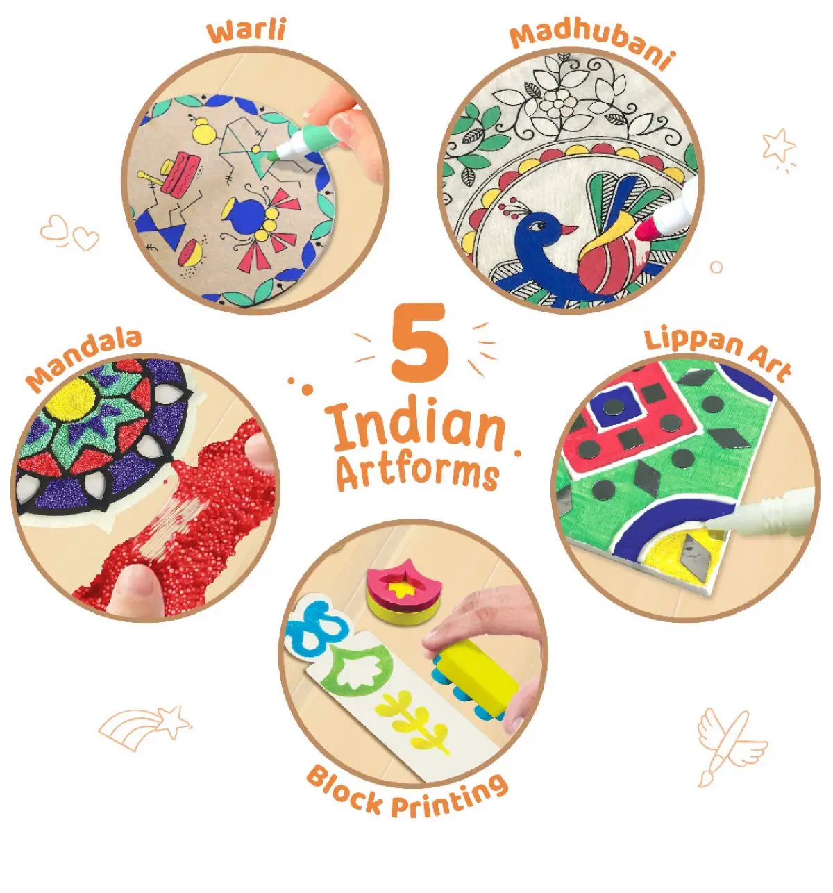 Imagimake Learn Indian Art Forms-Arts and Craft DIY Kit For Kids Learn Creative Crafts, Indian Art Forms-Madhubani, Warli, Lippan, Mandala & Block Printing Arts, Kids for 8Y+, Multicolour