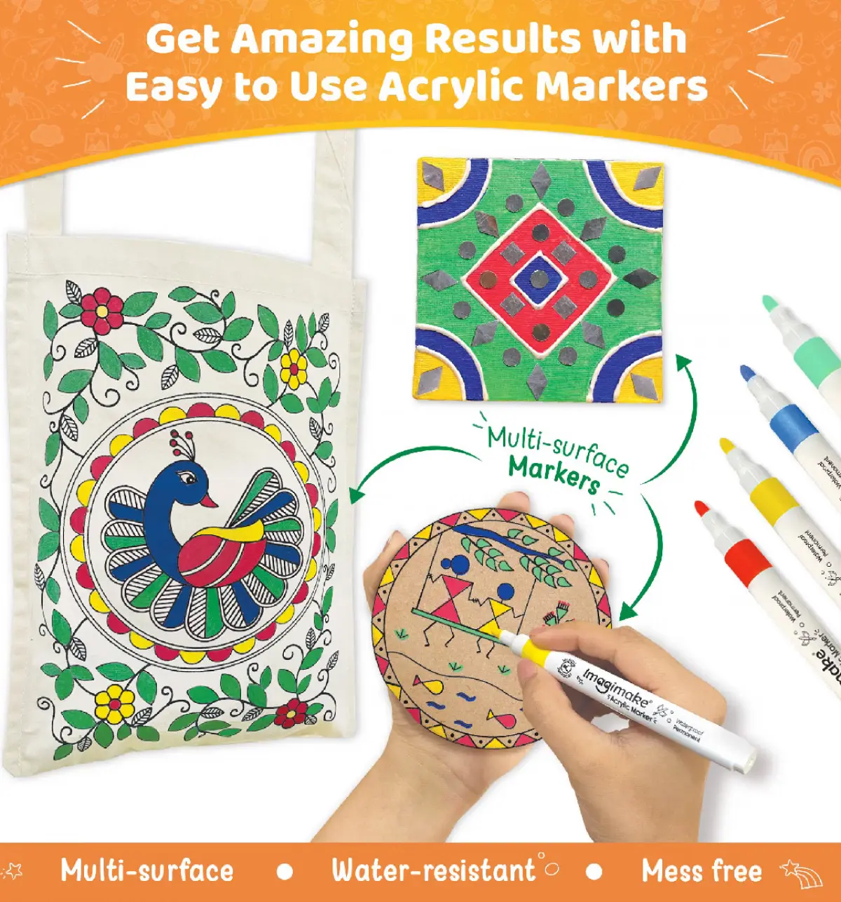 Imagimake Learn Indian Art Forms-Arts and Craft DIY Kit For Kids Learn Creative Crafts, Indian Art Forms-Madhubani, Warli, Lippan, Mandala & Block Printing Arts, Kids for 8Y+, Multicolour